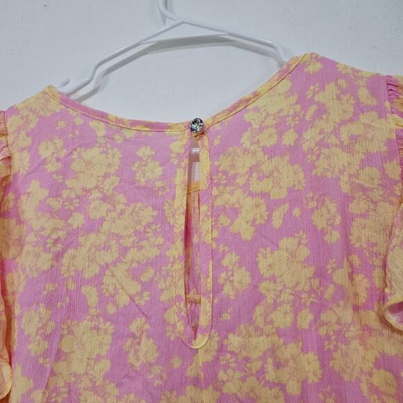 Adora Pink Yellow Ruffle Sleeveless Floral Top Blouse Size Medium Keyhole Back - Picture 4 of 6